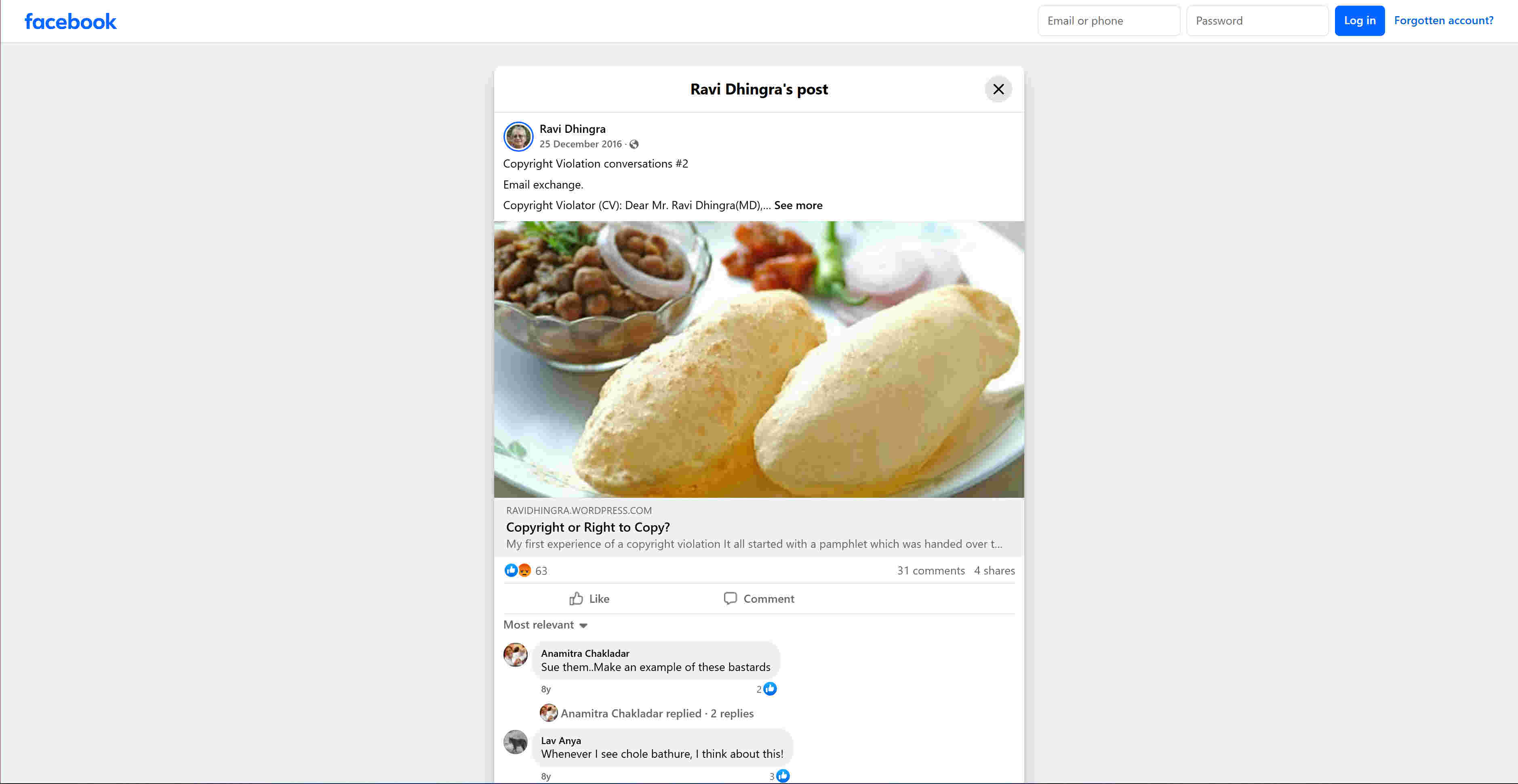 A screen grab of the Facebook Post by Ravi Dhingra