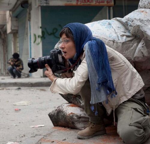 The Italian photojournalist Andreja Restek, founder and director of the APR news website, at work in Aleppo, Syria
