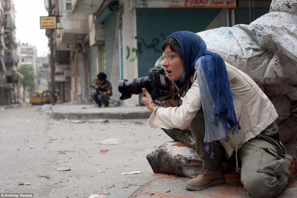 The Italian photojournalist Andreja Restek, founder and director of the APR news website at work in Aleppo, Syria